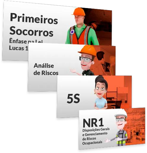 Capas de cursos de primeiros socorros, análise de riscos, 5S e NR-1